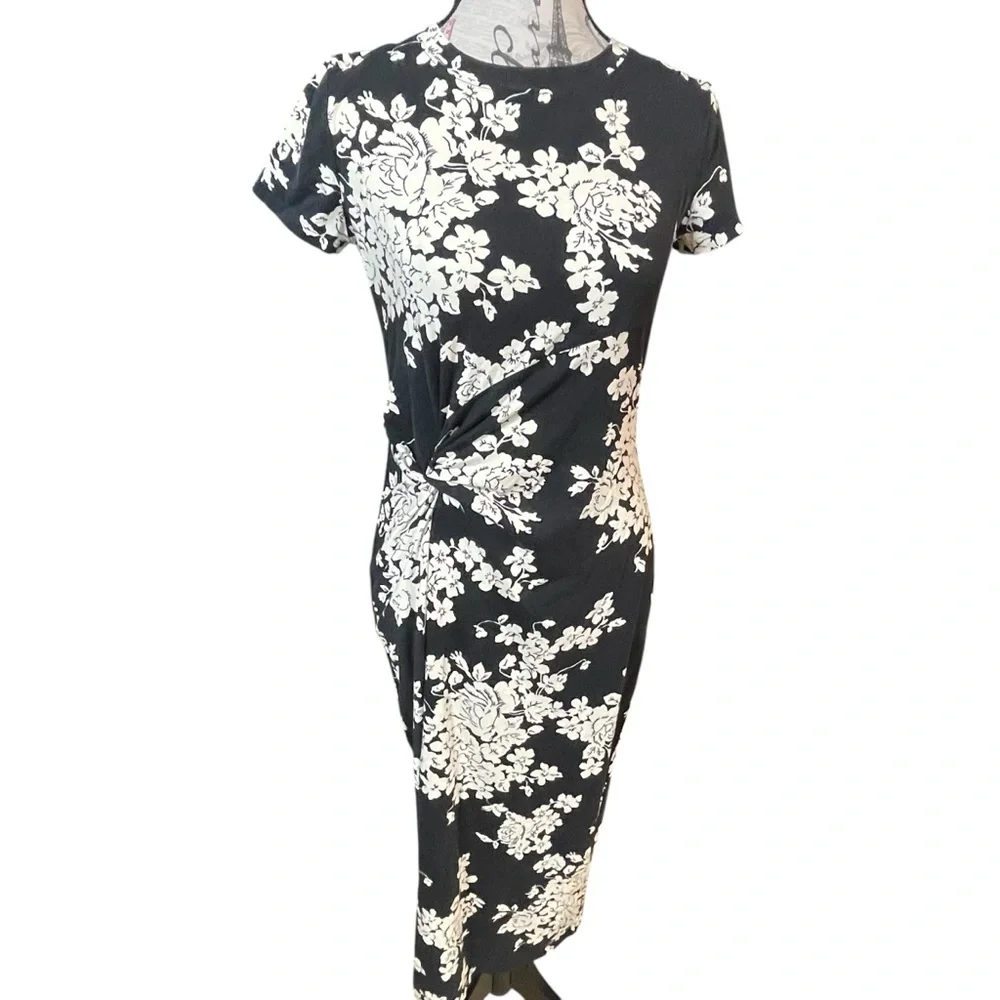 Lauren Ralph Lauren Black & White Floral Twist-Front Midi Dress (Size S) - Picture 2 of 8
